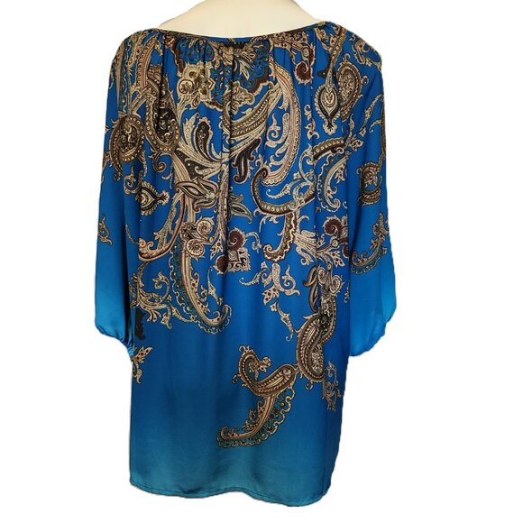 ❤️ 4/$20 Susan Graver top Women's 18W Teal tan paisley Keyhole tie 3/4 sleeve - Picture 9 of 13